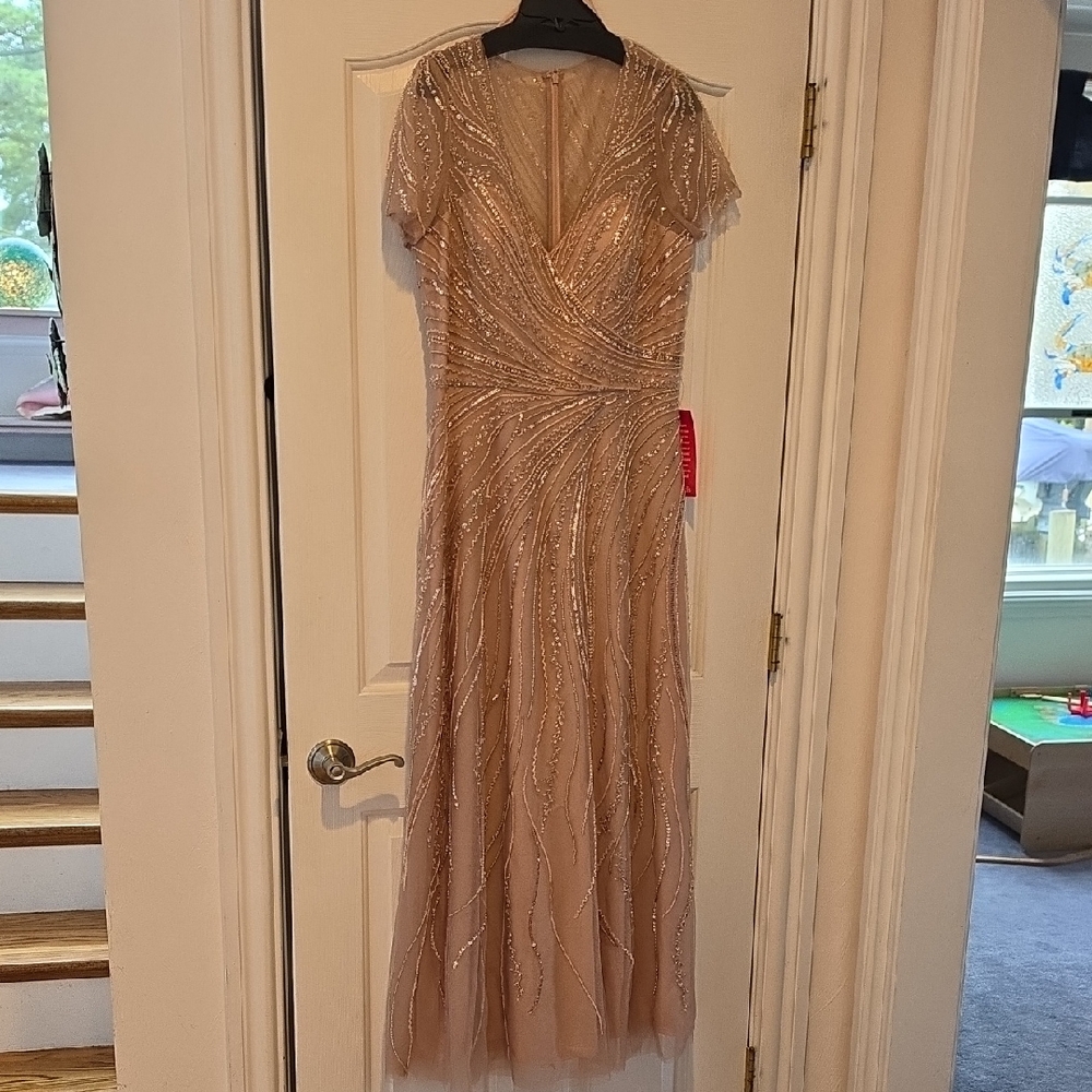 Xscape Beaded Champagne Maxi Dress with V-Neck